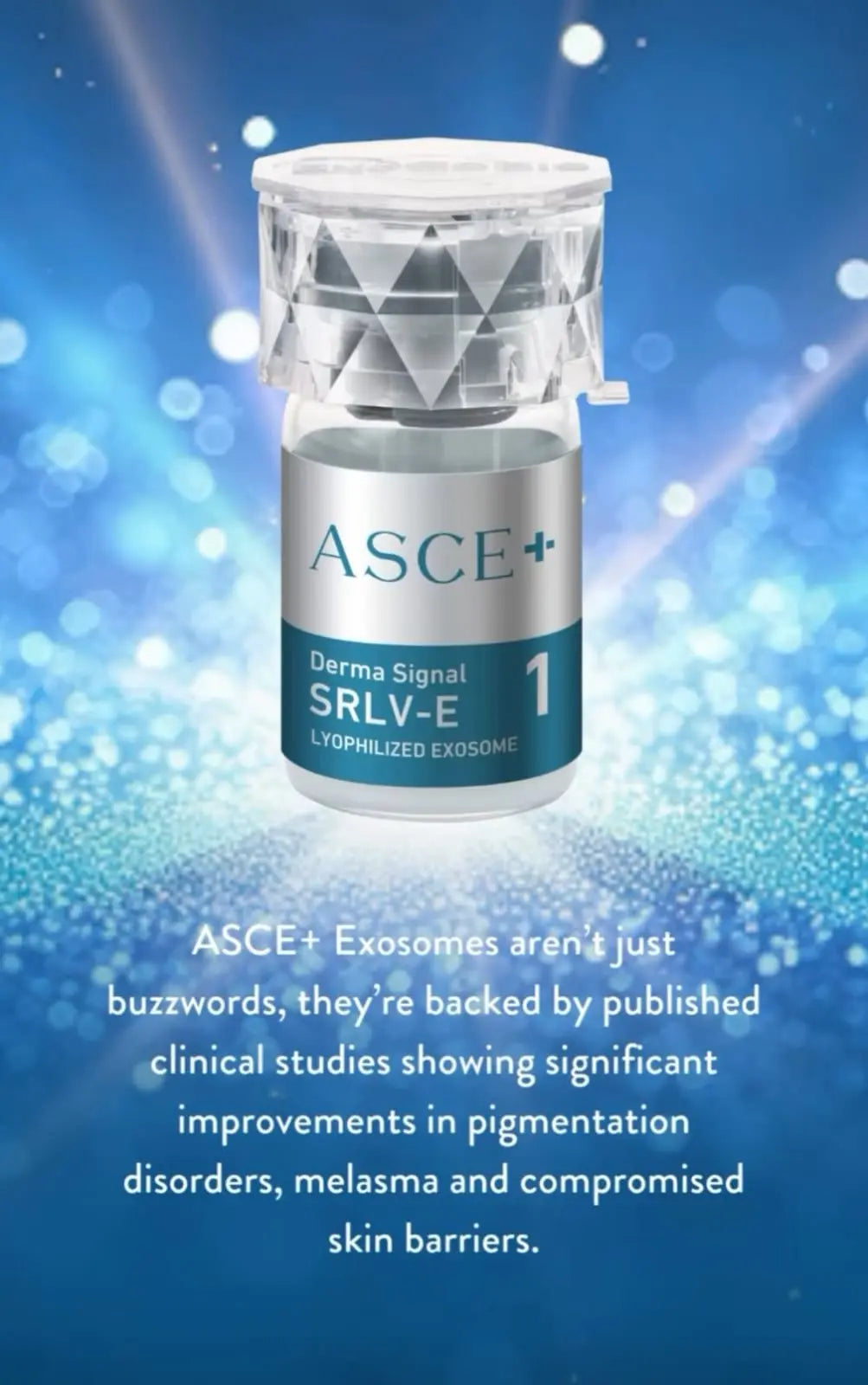 ASCE+ Exosome product on a blue background with text about its benefit