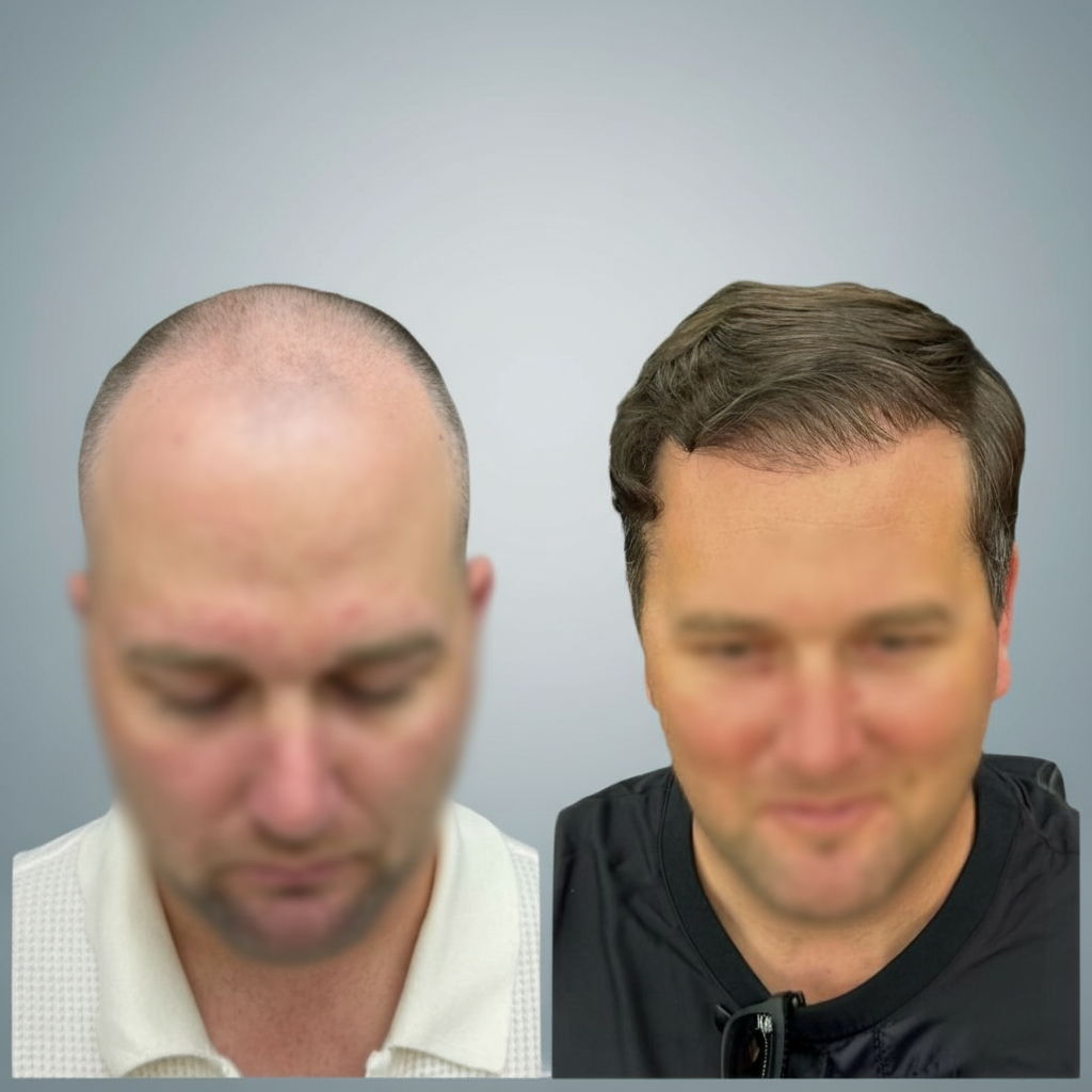 Before and after comparison of hair density on a person's head after FUE Hair Transplant.