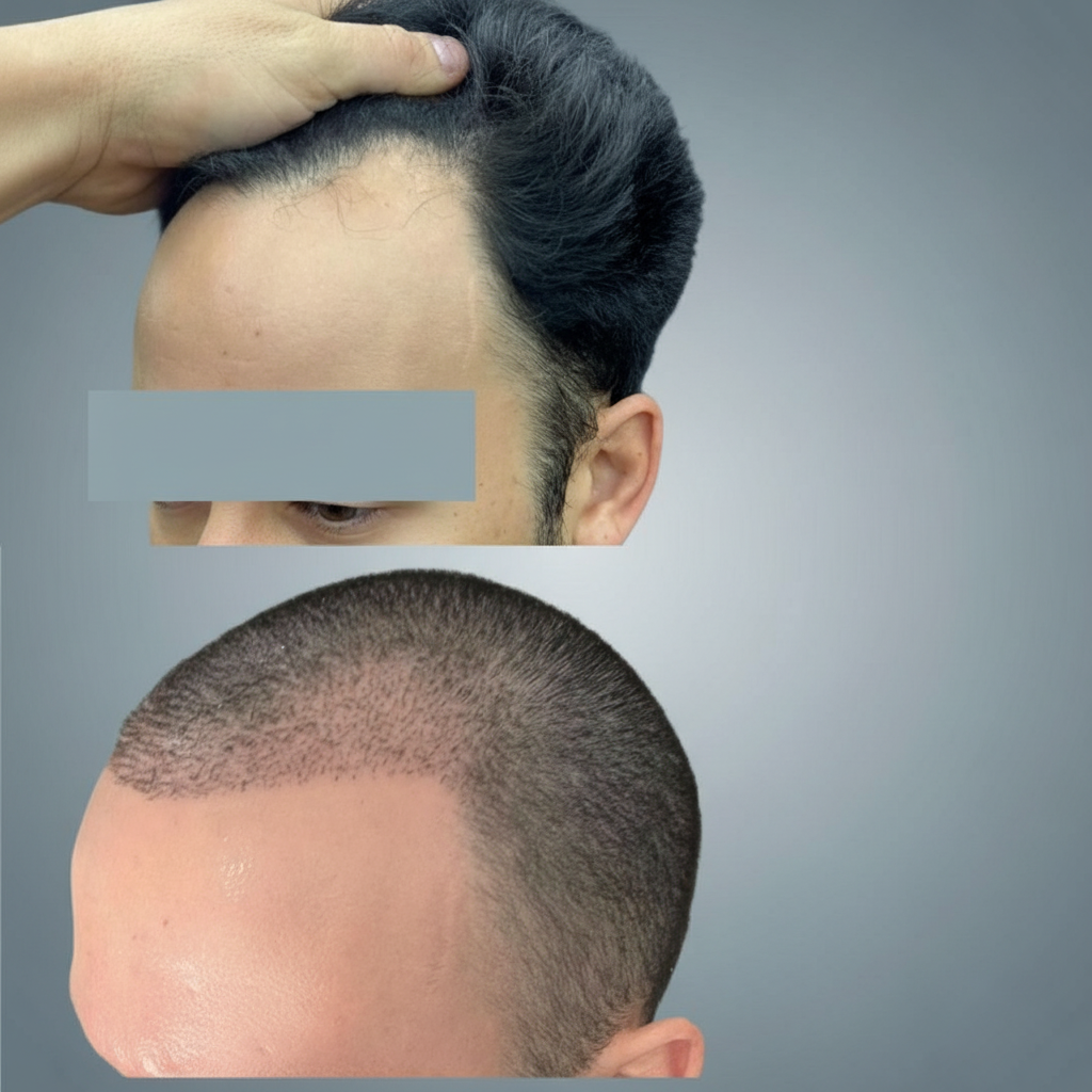 Before and after comparison of hair density on a person's head after FUE Hair Transplant.
