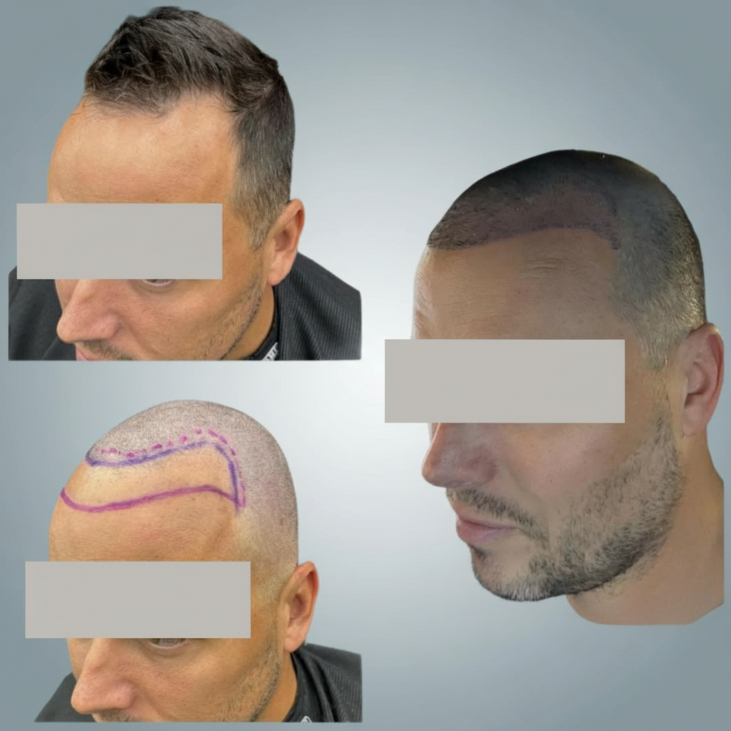 Before and after comparison of hair density on a person's head after FUE Hair Transplant.