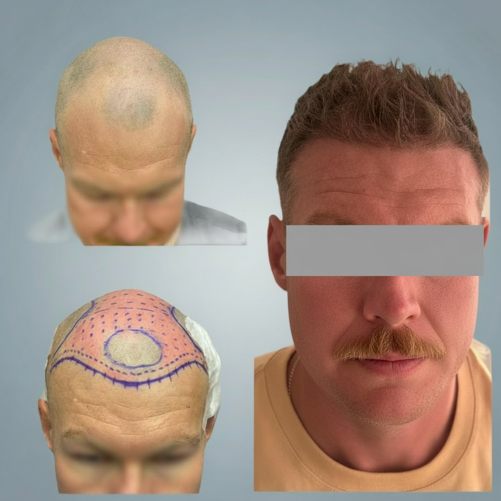 Before and after comparison of hair density on a person's head after FUE Hair Transplant.