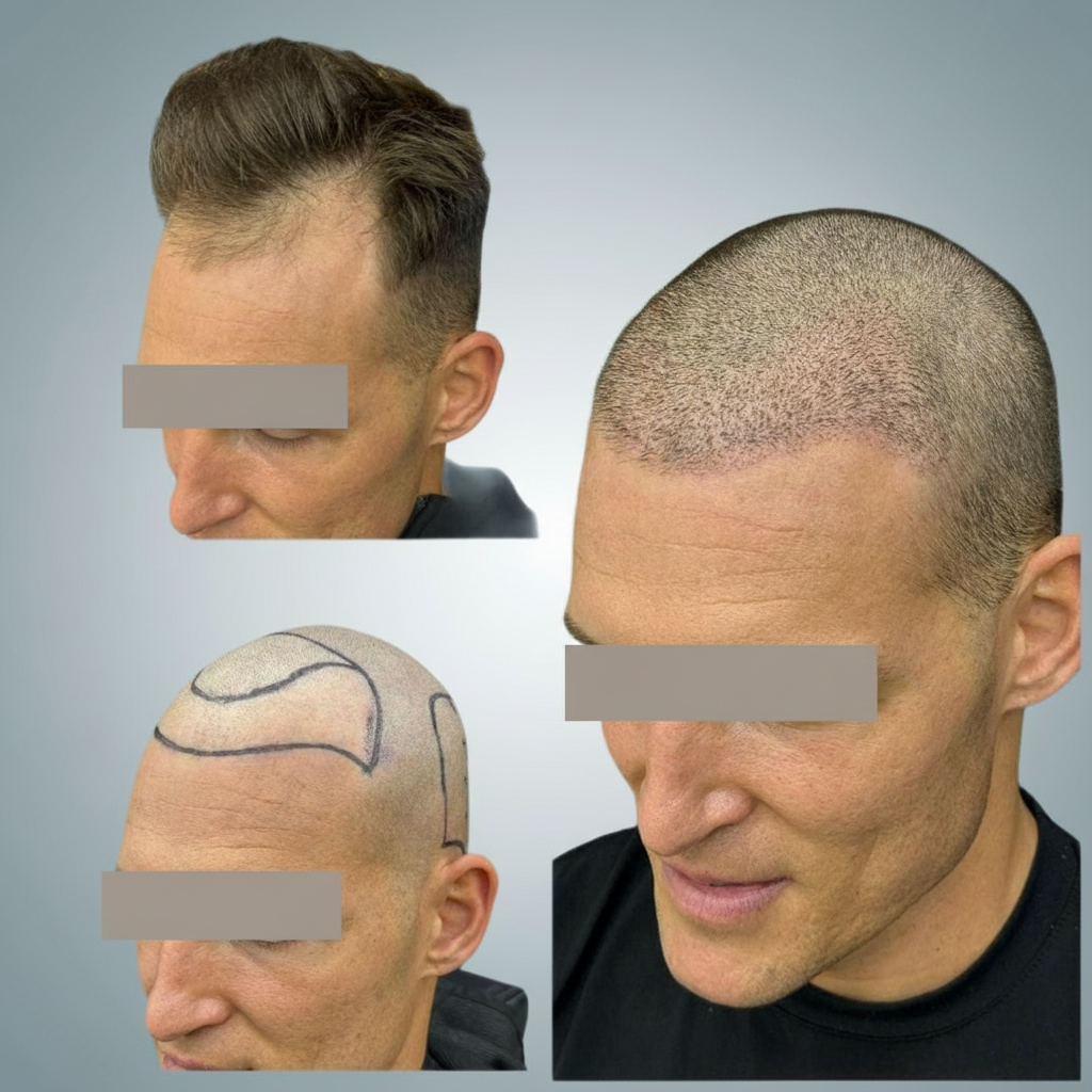 Before and after comparison of hair density on a person's head after FUE Hair Transplant.