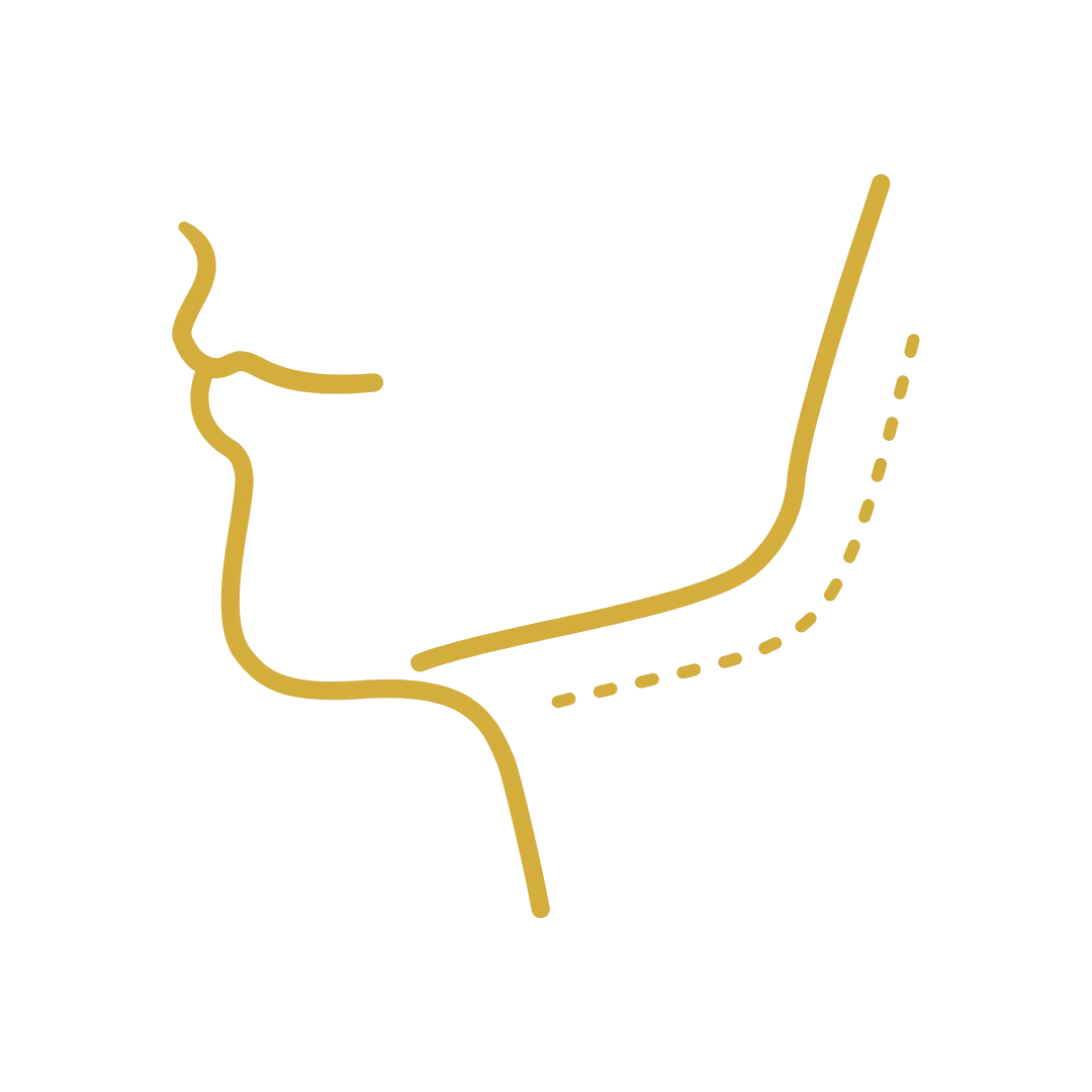 Gold line drawing of a face on a white background